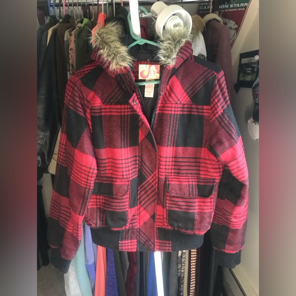 OP Women’s Plaid Faux Fur Hooded Jacket